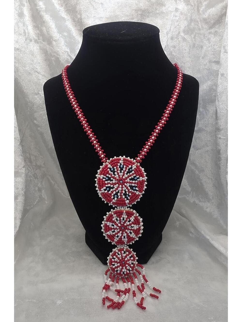 Handmade Seed Bead Medallion Necklace Red White Tribal Powwow Inspired Necklace